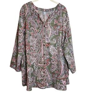Catherines Womens Blouse Size 2X Green Pink Floral Paisley Buttons 3Q Roll Tab